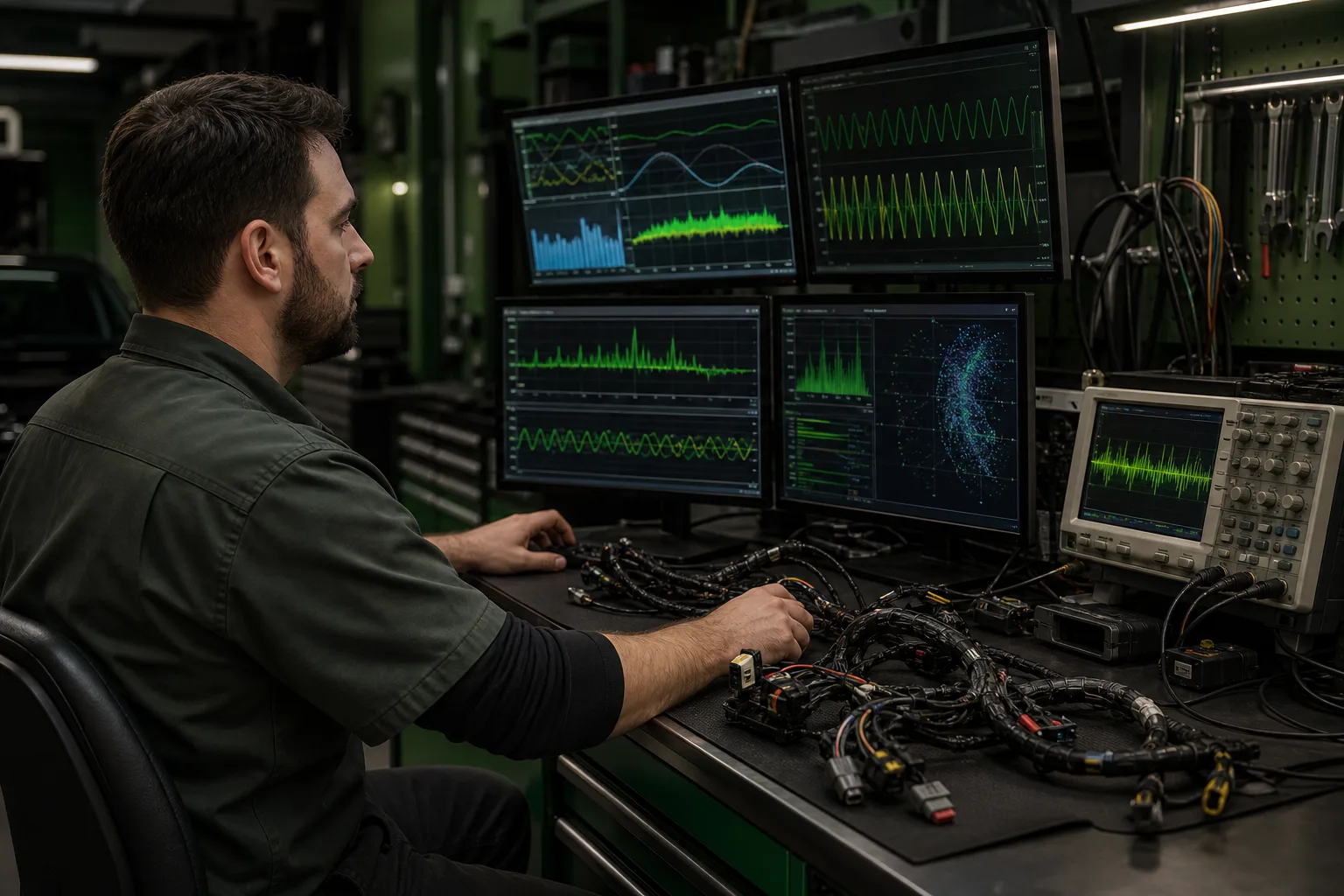 Technician reviewing diagnostic data on screen in electronics lab area, 1200x800