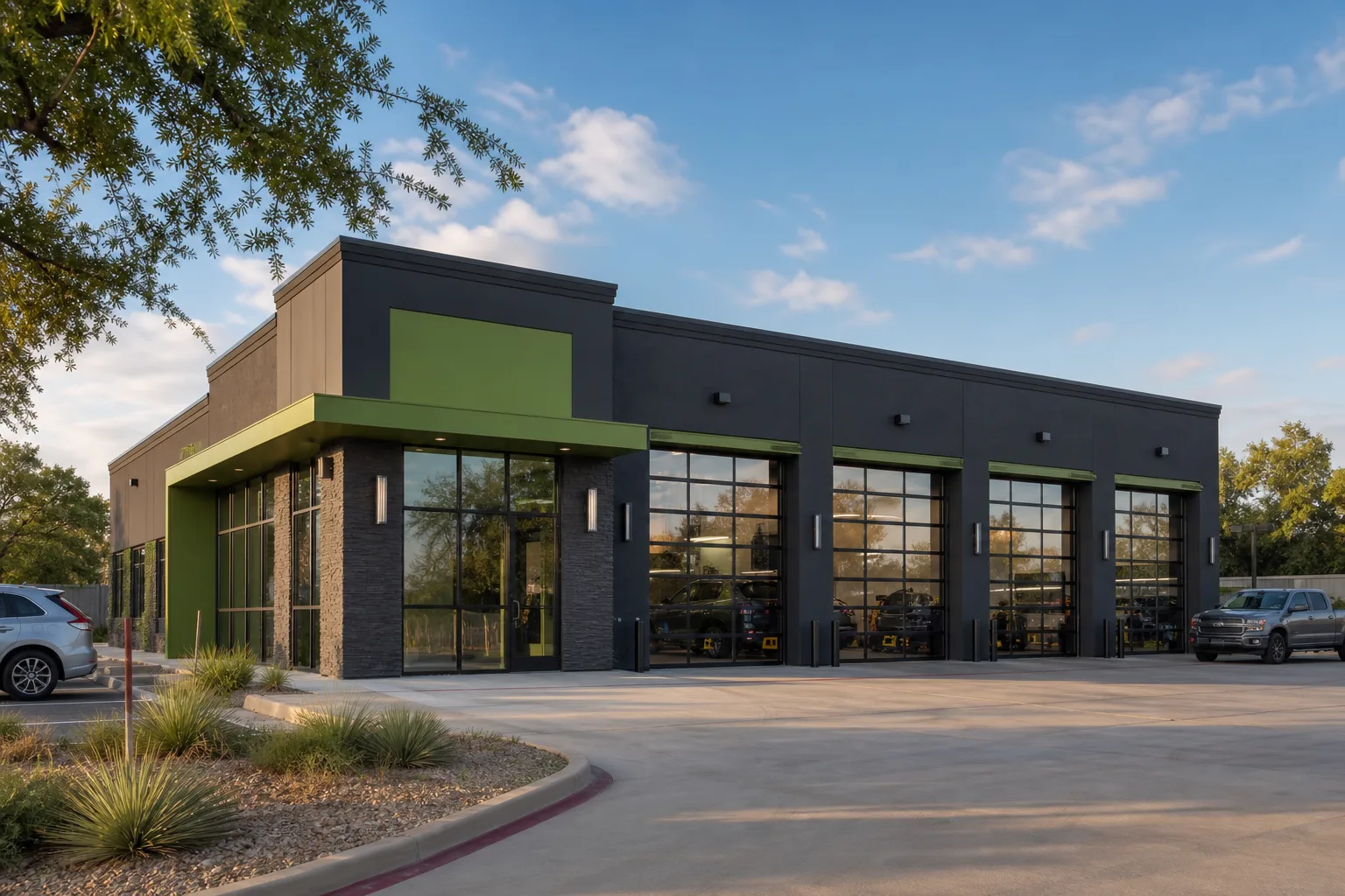 Exterior view of rhizosphere auto repair facility in Austin Texas, 1920x1080
