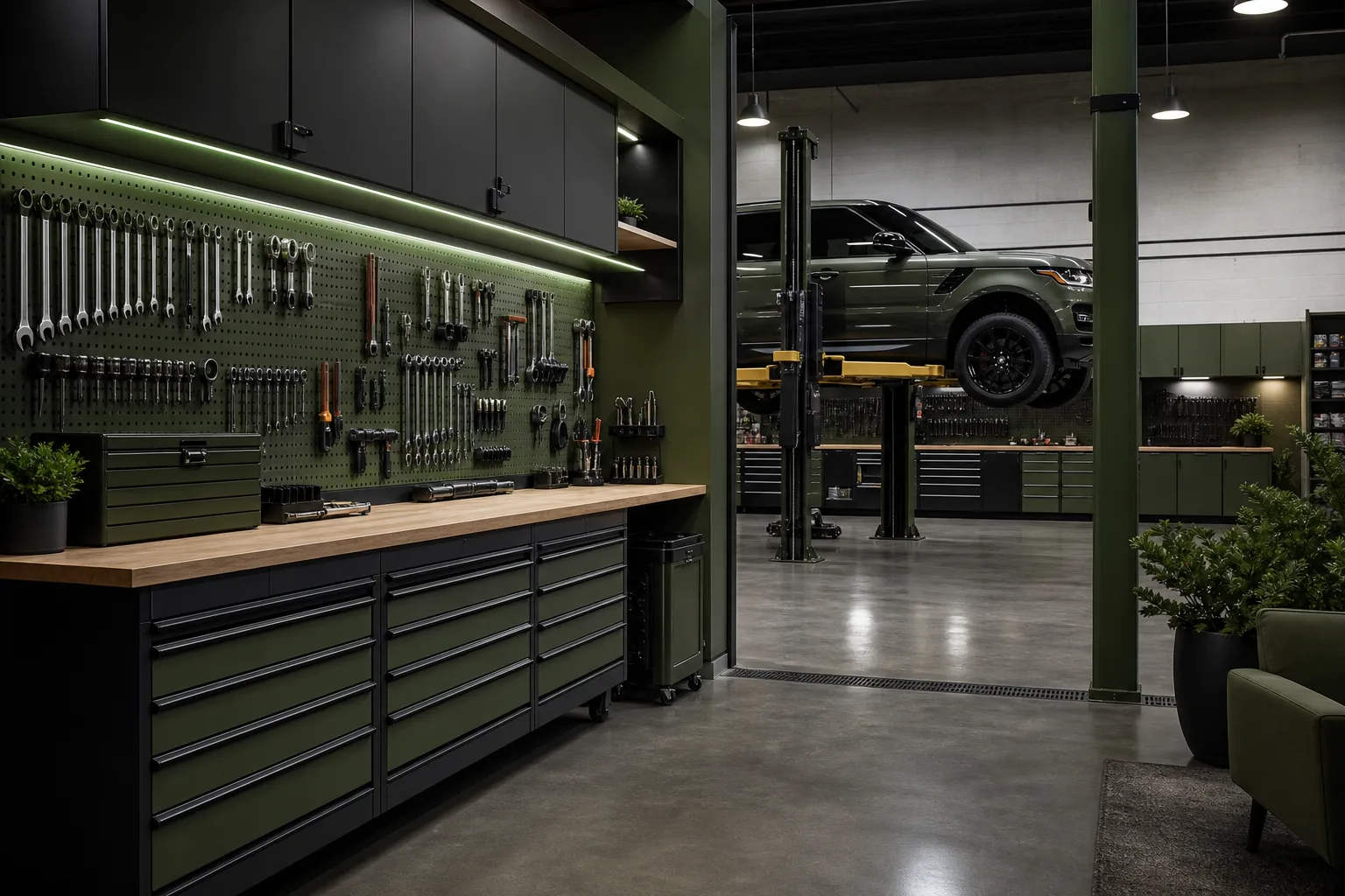 Interior of rhizosphere workshop with organized tool stations and vehicle lift, 1200x800
