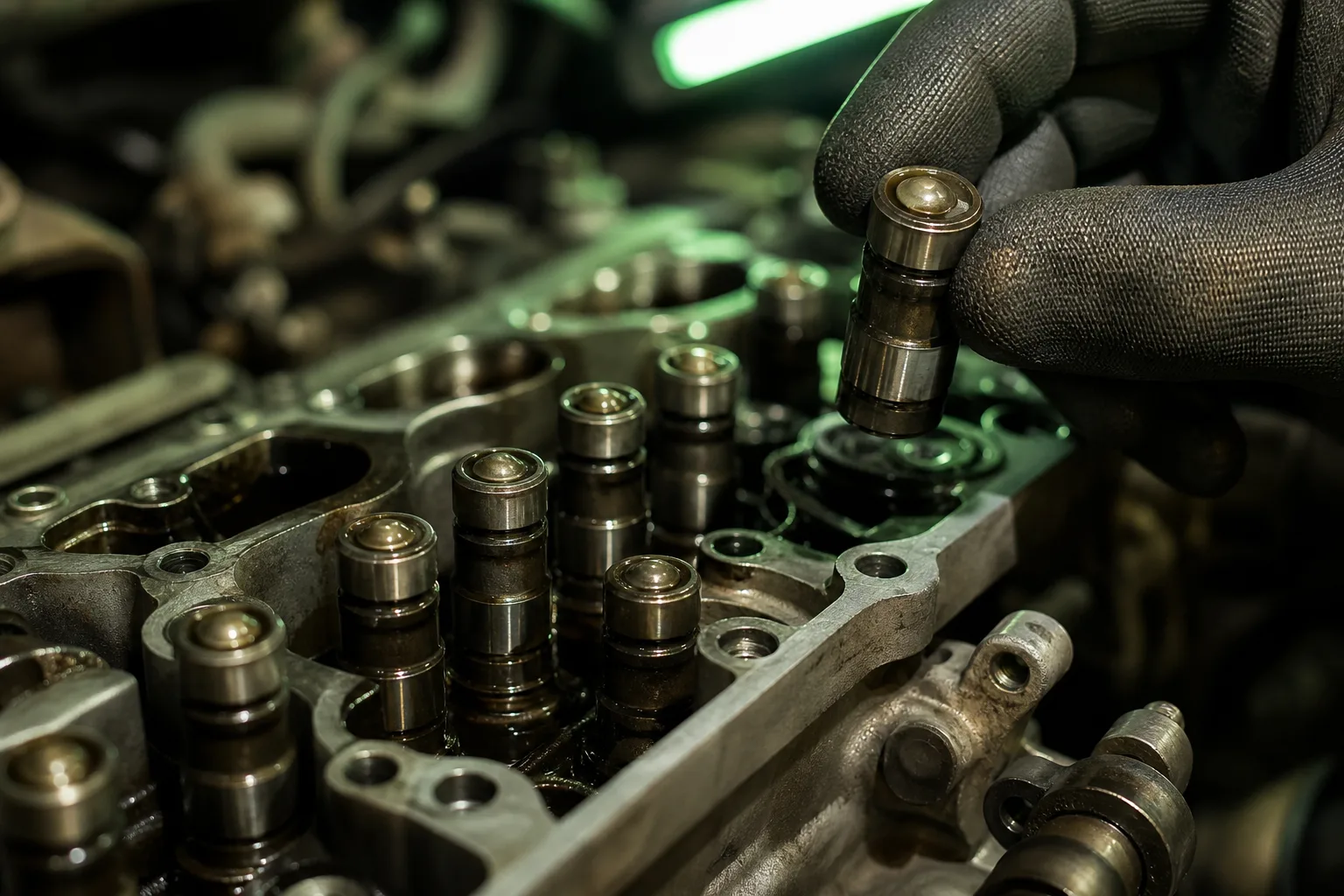 Close-up of hydraulic valve lifters during engine inspection, 1200x800