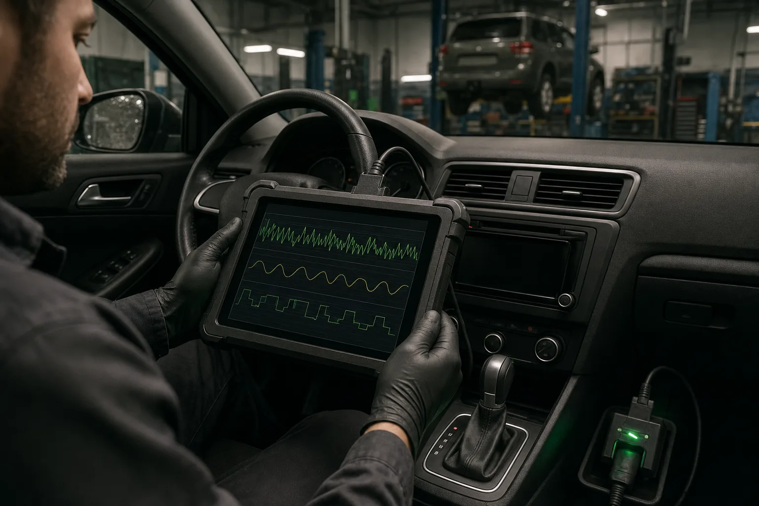 Transmission diagnostic session with scan tool connected to vehicle, 1200x800