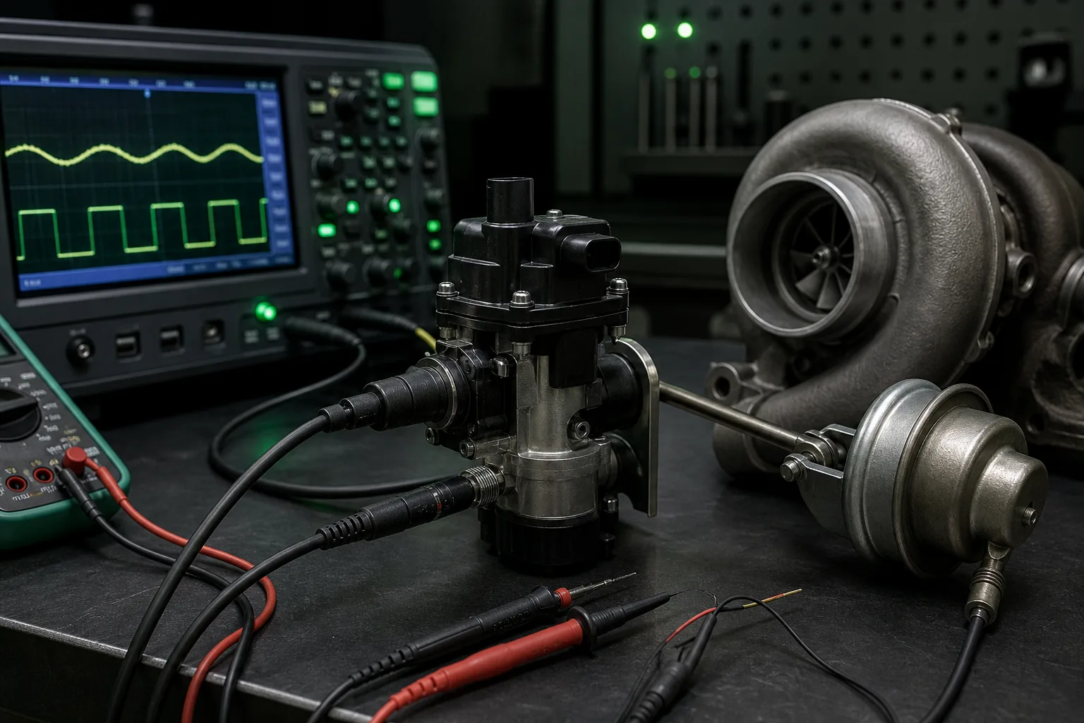 Electronic turbo boost pressure regulator on test bench with diagnostic tools, 1200x800