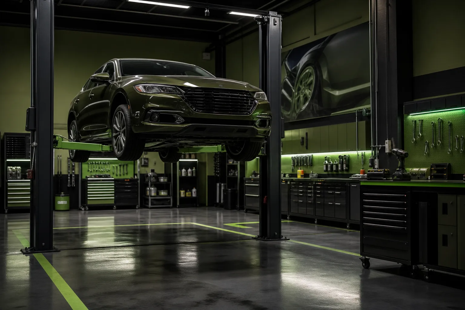 Modern auto repair workshop with vehicle on lift, 1920x1080