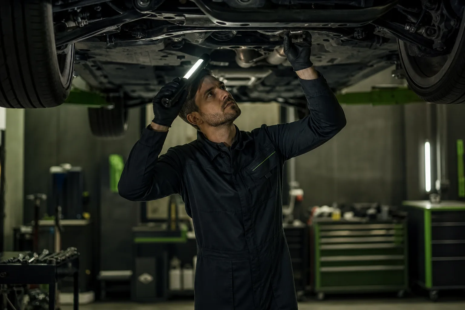 Technician inspecting vehicle underside on hydraulic lift during diagnostic process, 1200x800