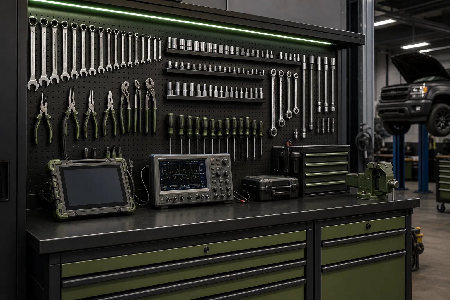 Organized professional tool wall and diagnostic equipment in auto service bay, 1200x800